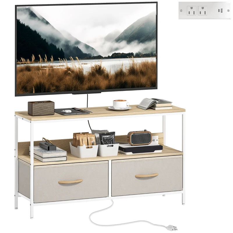 TV Stand with Charging Station, TV Table with 2 Foldable Linen Drawers and Open Shelf for 47 Inch TV, Oak