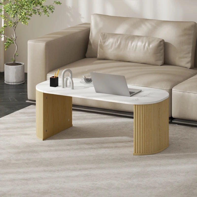 Coffee Table, Modern Marble-Effect Living Room Table with Round Corners and Thicken Legs, Natural Wood