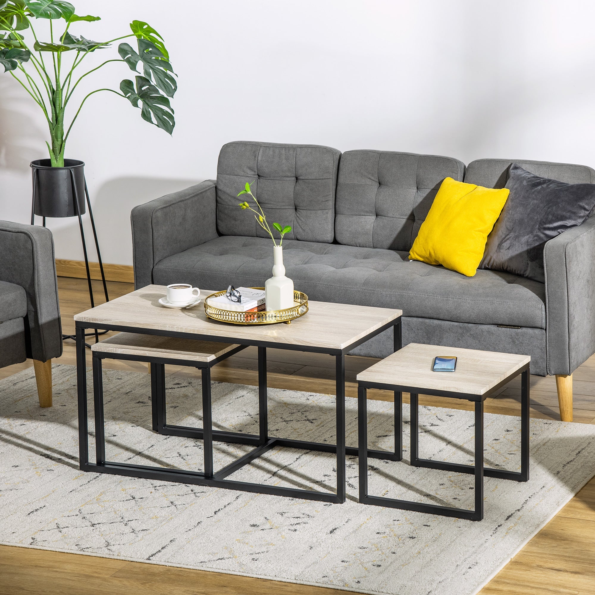 Homcom Natural Nesting Coffee Tables: Contemporary Set of 3 with Black Metal Frame for Stylish Living Room 