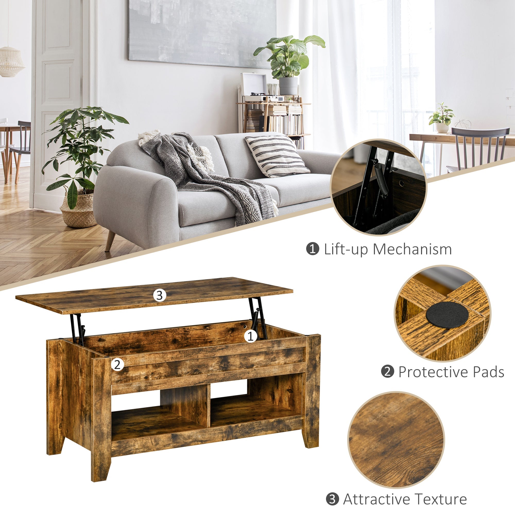 HOMCOM Lift-Top Coffee Table: Hidden Storage Shelves & Adjustable Pop-Up Tabletop, Living Room Furniture, Brown 