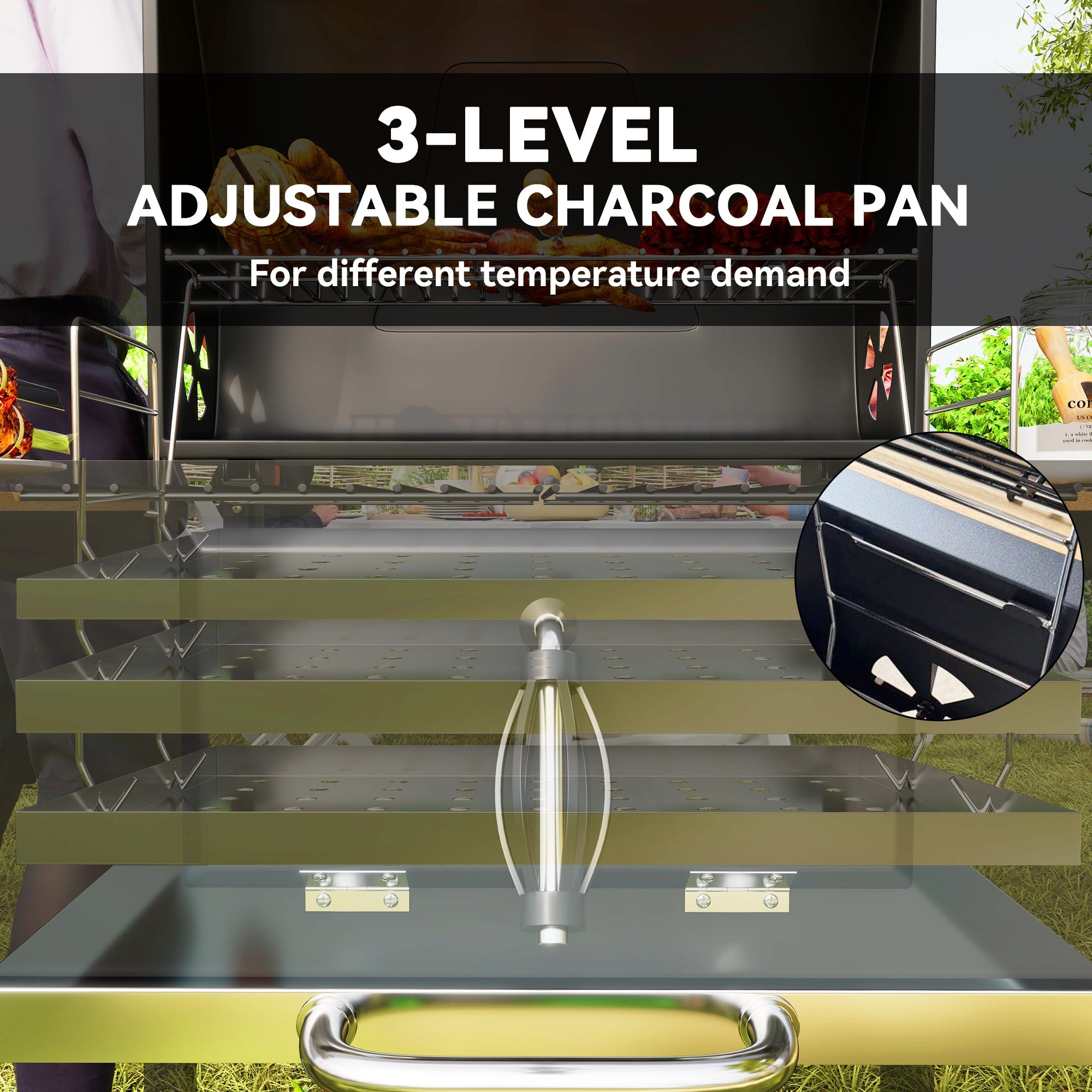 Outsunny 20" Charcoal BBQ Grill Barbecue on Wheels with Adjustable Charcoal Pan, Spacious Cooking Area, 3 Shelves, Thermometer 