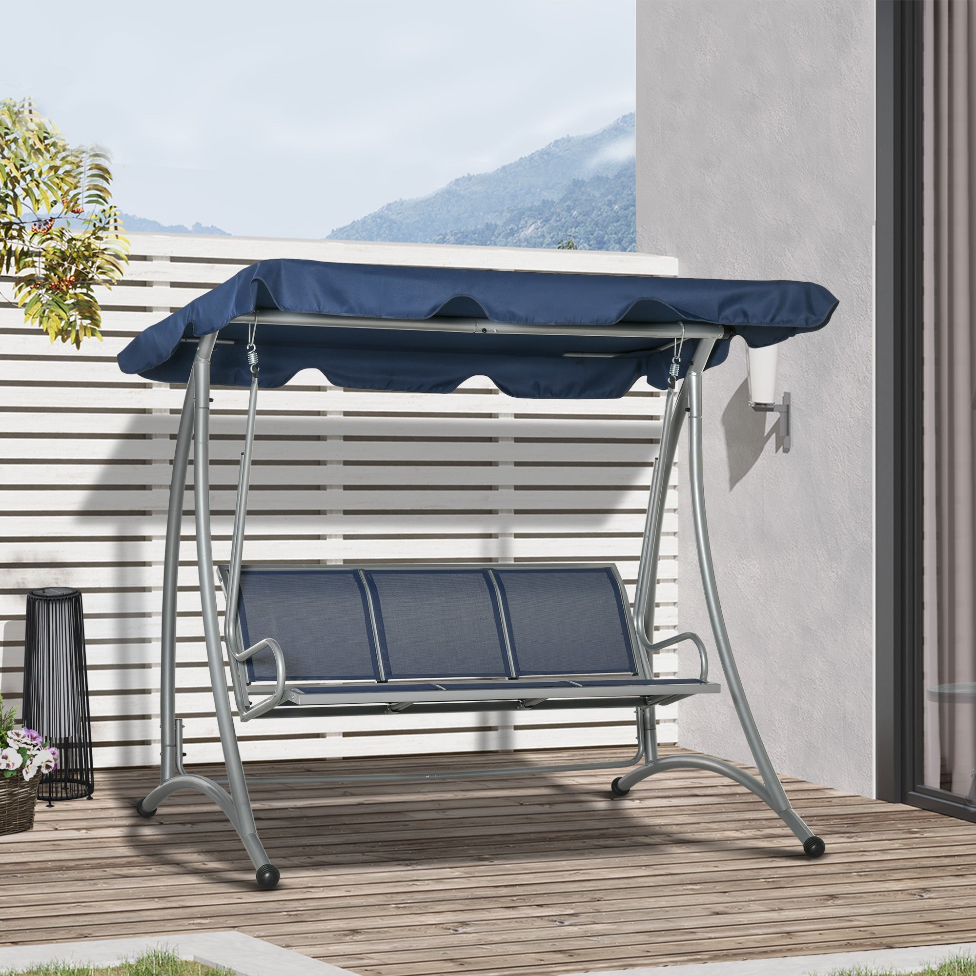 Outsunny 3-Seater Outdoor Swing Chair Bench with Adjustable Canopy, Dark Blue 