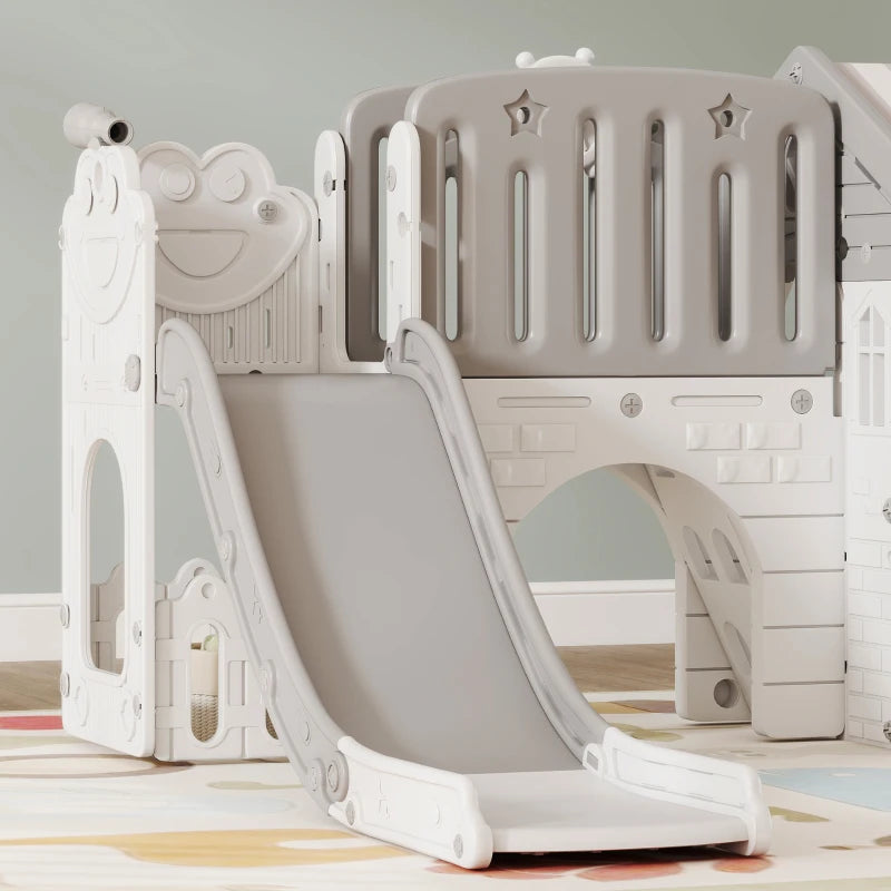 Qaba 7-in-1 Toddler Slide, Kids Slide Climber Playset with Playhouse and Basketball Hoop for 1-4 Years, Grey