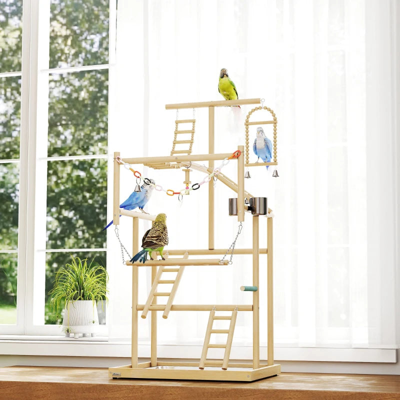 Bird Playground, 4 Layer Wooden Play Stand with Ladders, Chain Toy, Stainless Steel Cups and Tray for Small Birds