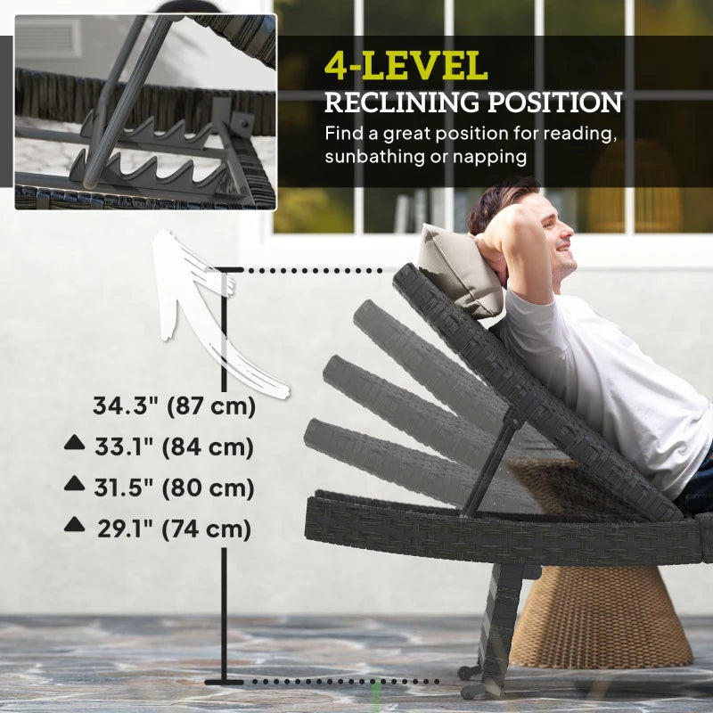 Patio Lounger, Folding Wicker Outdoor Chaise Lounge with 4-Level Adjustable Backrest, Black