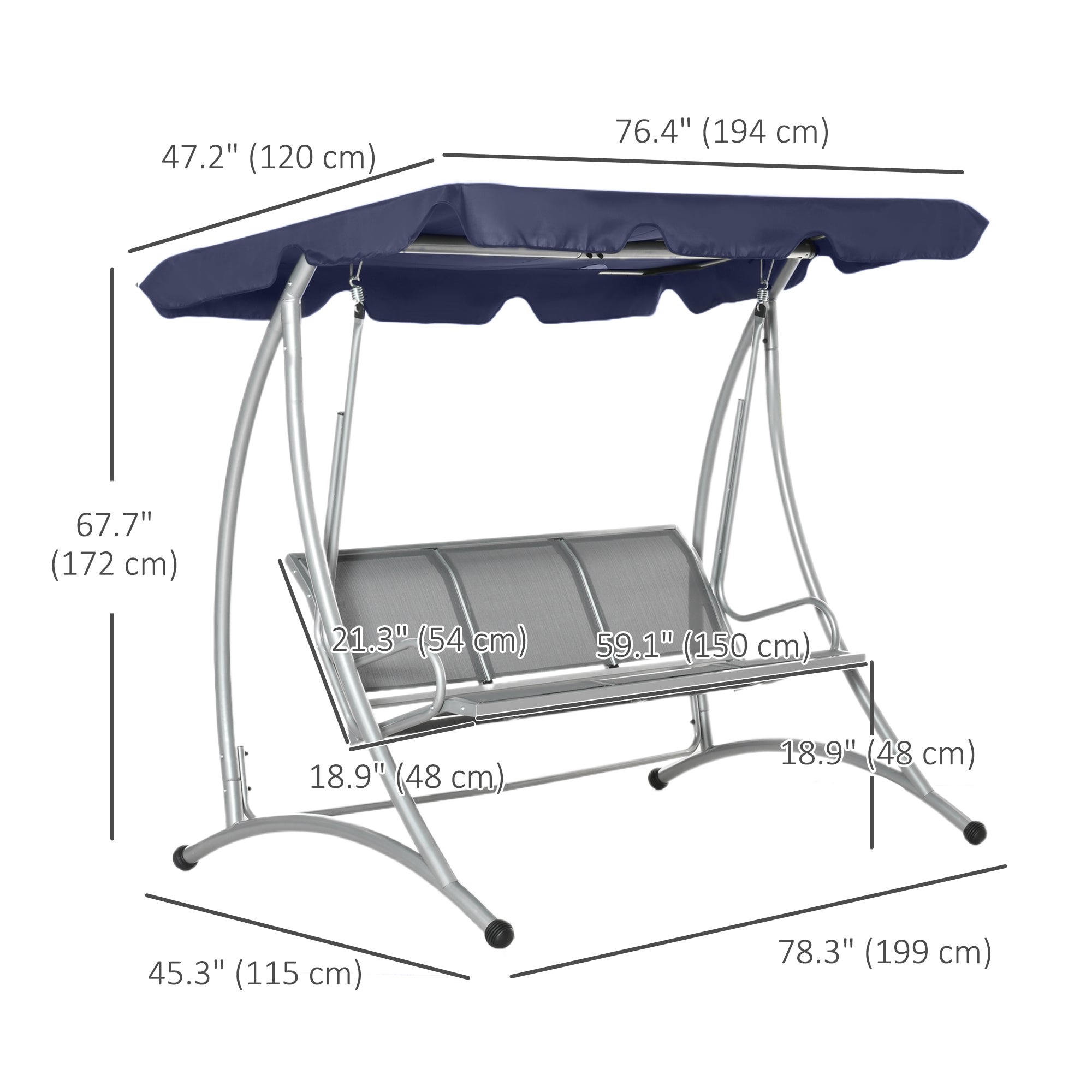 Outsunny 3-Seater Outdoor Swing Chair Bench with Adjustable Canopy, Dark Blue 