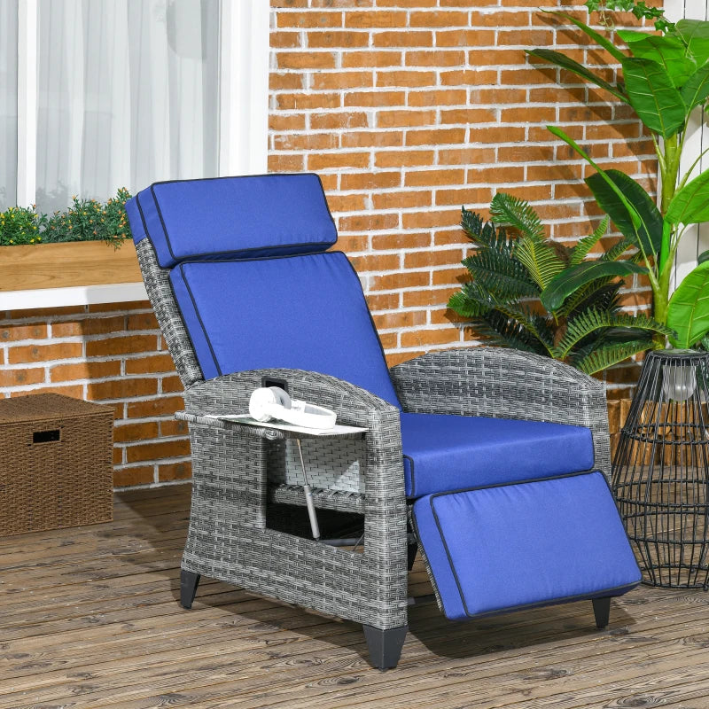 Outdoor Recliner Chair with Adjustable Backrest and Footrest, Washable Cushion, Side Tray, Dark Blue