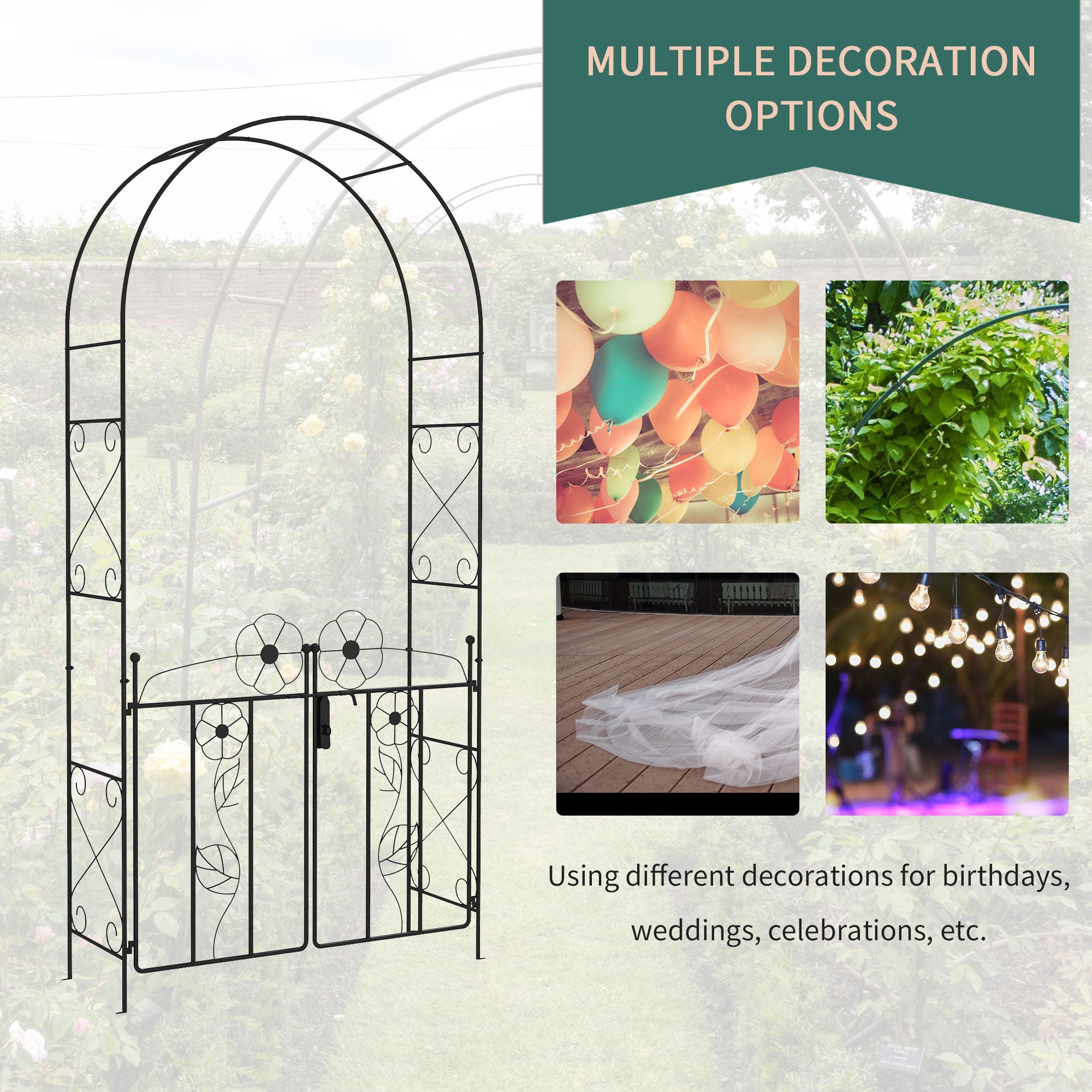 Outsunny 7.5FT Metal Double Gate Garden Arch Trellis for Climbing Vines Outdoor Wedding Decoration Black 