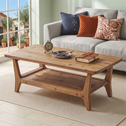 47" Solid Wood Coffee Table with 2-Tier Storage Shelf, Rustic Center Table for Living Room