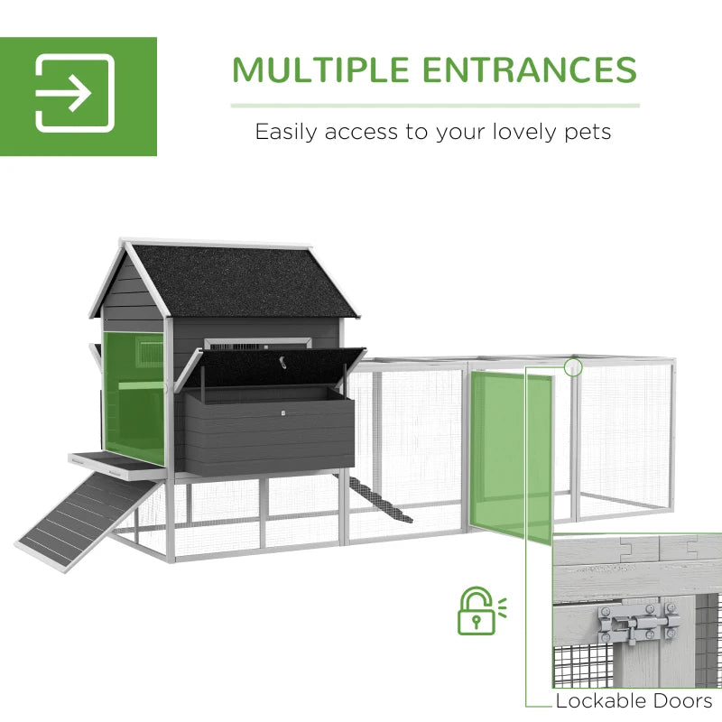 PawHut 137" Wooden Chicken Coop with Chicken Run, Nesting Box, Grey 