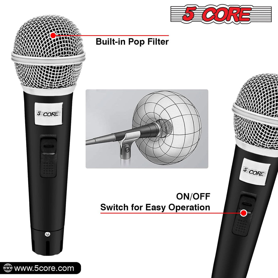 5Core Handheld XLR Dynamic Microphone – Professional Karaoke, Singing, and Studio Microphone (Microfono)