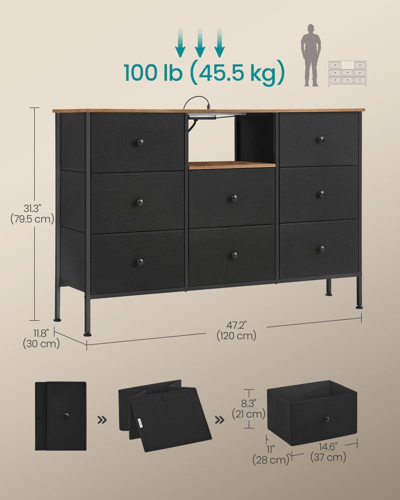 SONGMICS Fabric Dresser with Power Outlets and LED Lights 