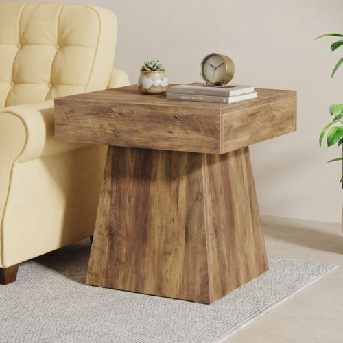 19.7" Mushroom Shape Side Table, Rustic Square End Table with Wide Pedestal Base for Living Room, Bedroom & Office