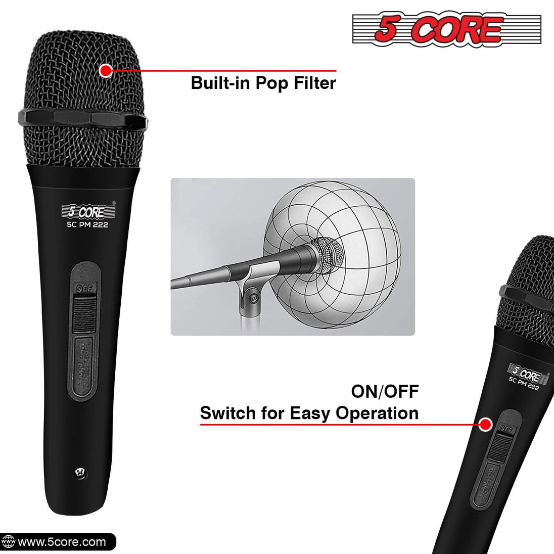 5Core Handheld XLR Dynamic Microphone – Professional Karaoke, Singing, and Studio Microphone (Microfono)