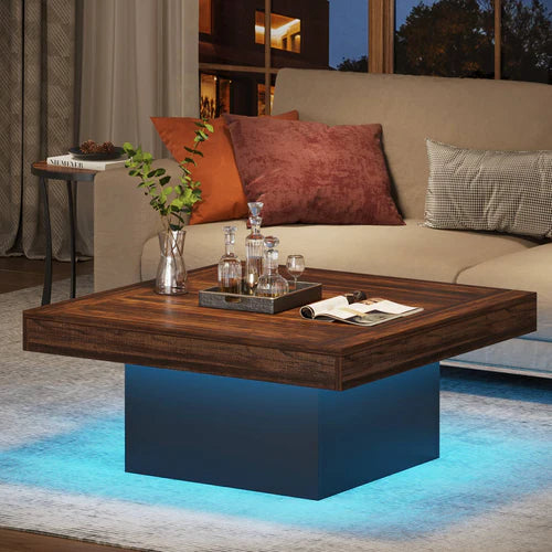 Square Coffee Table 35.4" Farmhouse Wood Cocktail Table with LED Light and Sturdy One-Leg Design Rustic Brown