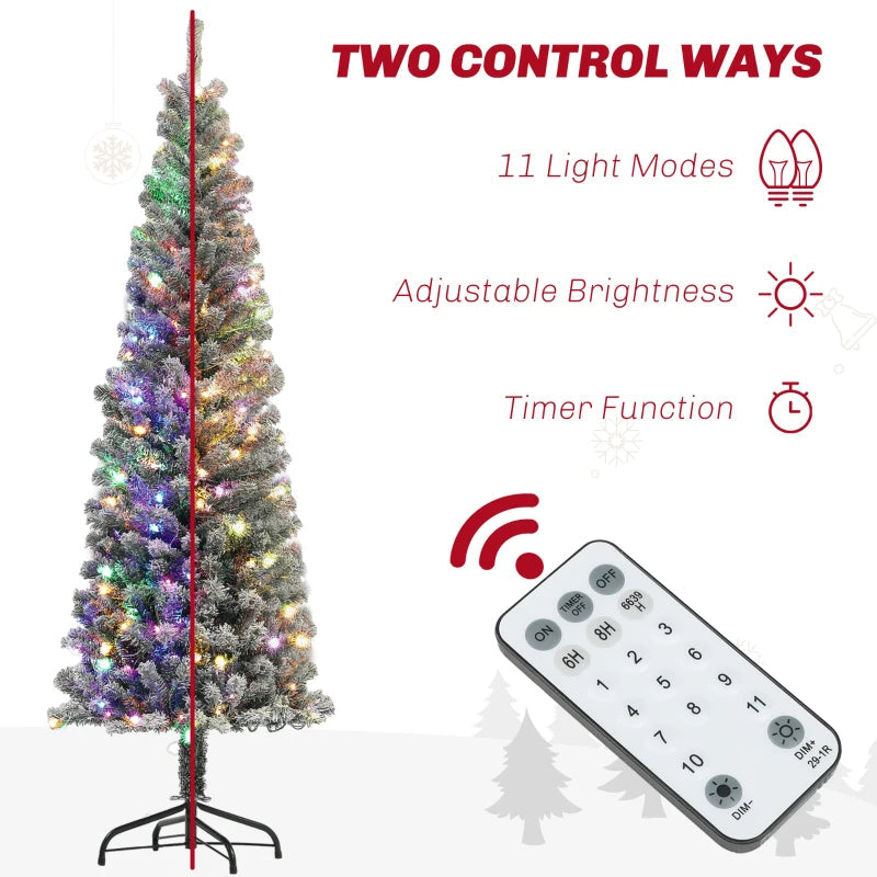 HOMCOM 6FT Prelit Pencil Christmas Tree with Remote, Slim Artificial Flocked Xmas Tree with Dual-Colour LED Lights, 429 Tips & Metal Stand 