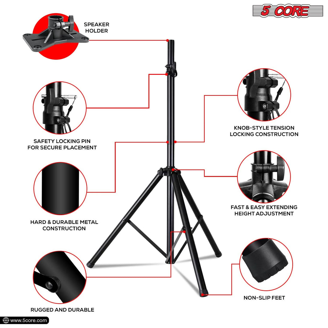 5Core Speaker Stand Tripod Tall Adjustable 72 Inch DJ Pole Mount Studio Monitor Stands BLACK