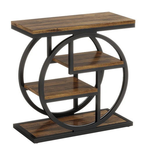 4-Tier Wood End Table, Narrow Industrial Side Table with Storage Shelves, Rustic Brown & Black Nightstand