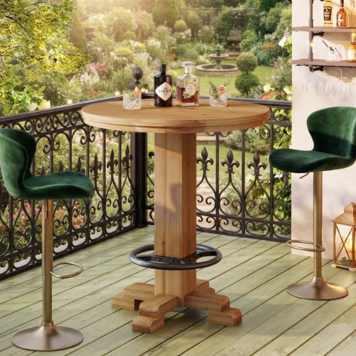 31.5" Round Solid Wood Bar Table, 37.4" High Bistro Cocktail Table with Crossed-Leg Base & Metal Footrest