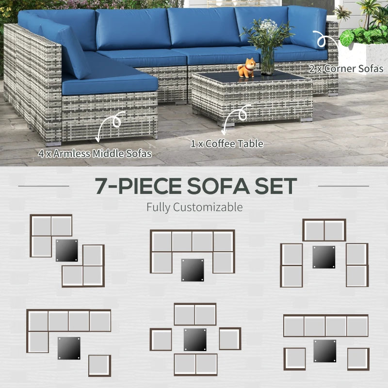 Outsunny 7pc Garden Wicker Sectional Set w/ Tea Table Patio Rattan Lounge Sofa Outdoor Deck Furniture Blue