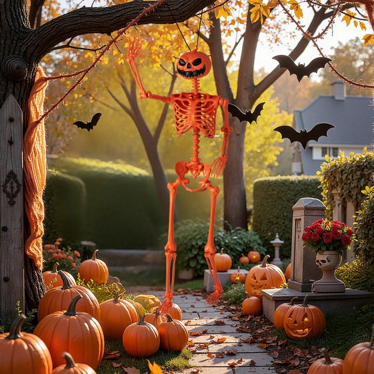 5.2 FT Orange Life-Size Poseable Halloween Skeleton with Pumpkin Head and Movable Joints