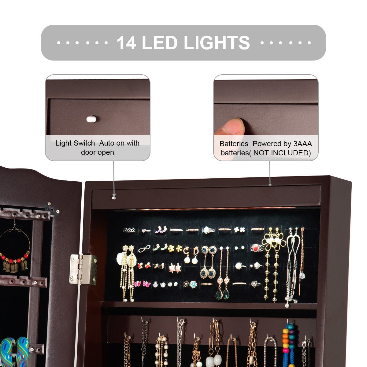 Mirrored Jewelry Cabinet Storage With Drawer And Led Lights -CoffeeÂ 