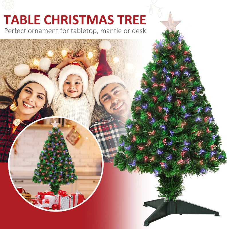 HOMCOM 2.5FT Prelit Artificial Tabletop Christmas Tree with Fibre Optics Holiday Home Xmas Decoration for Table and Desk Geen 