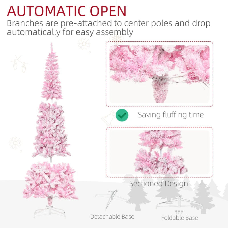 HOMCOM 7.5ft Prelit Snow-Flocked Artificial Christmas Tree – Pencil Shape, 700 Realistic Pine Branches, Warm White LED Lights, Auto Open, Pink & White 