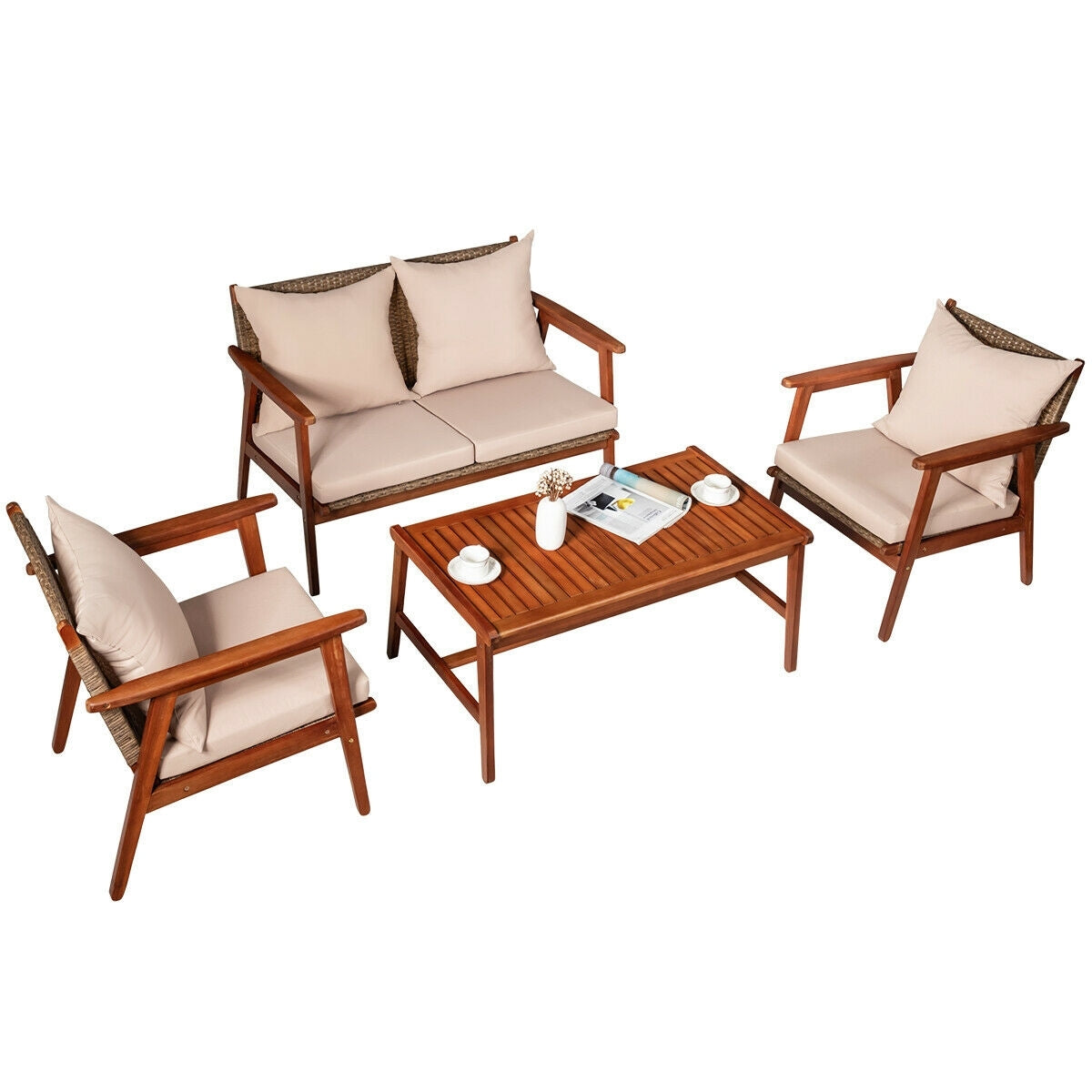 4 Pieces Acacia Wood Patio Rattan Furniture Set-Brown