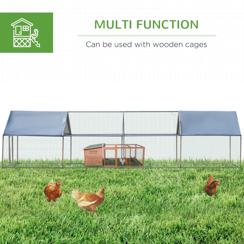 PawHut Chicken Run Walk-In Metal Chicken Coop, 3 Rooms Galvanized Poultry Cage Outdoor with Waterproof UV-Protection Cover for Rabbits, Ducks, 9.8' x 26.2'