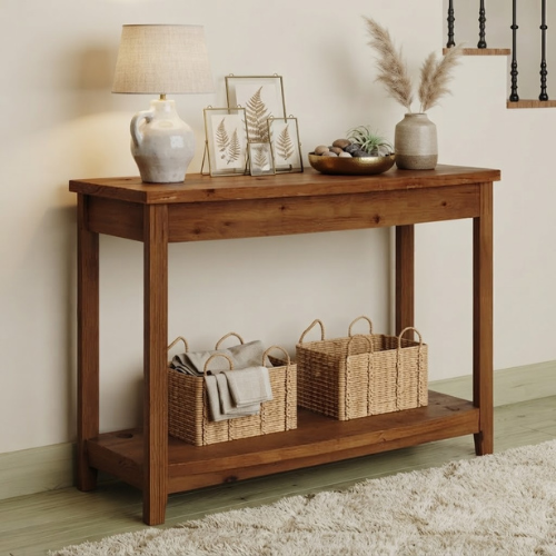 41.34" Solid Wood Console Table, 2-Tier Half-Moon Farmhouse Entryway Sofa Table with Rustic Natural Finish