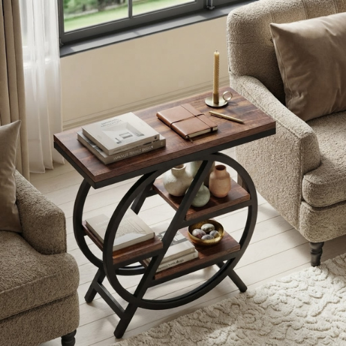 4-Tier End Table, Industrial Side Table with Open Shelves, Rustic Brown Wooden Top & Metal Frame for Living Room Bedroom