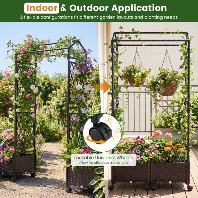5.5 FT Self-Watering Planter Boxes with Lattice Trellis and Roof-Brown