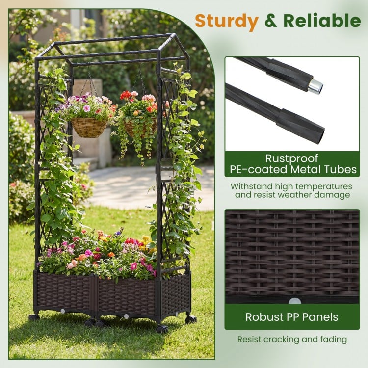 5.5 FT Self-Watering Planter Boxes with Lattice Trellis and Roof-Brown