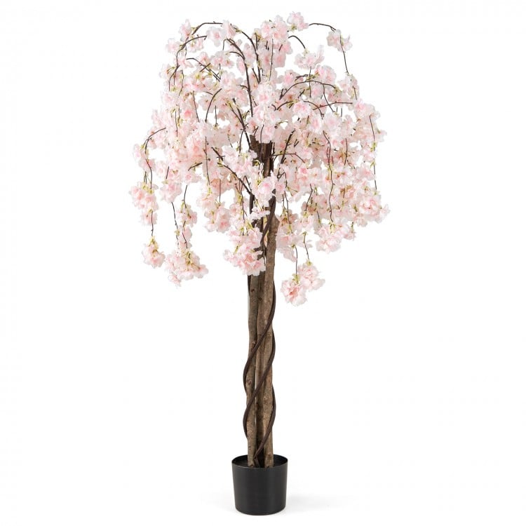 5.5 FT Tall Artificial Cherry Blossom Tree with Pink/White Flowers 1 Pack-White
