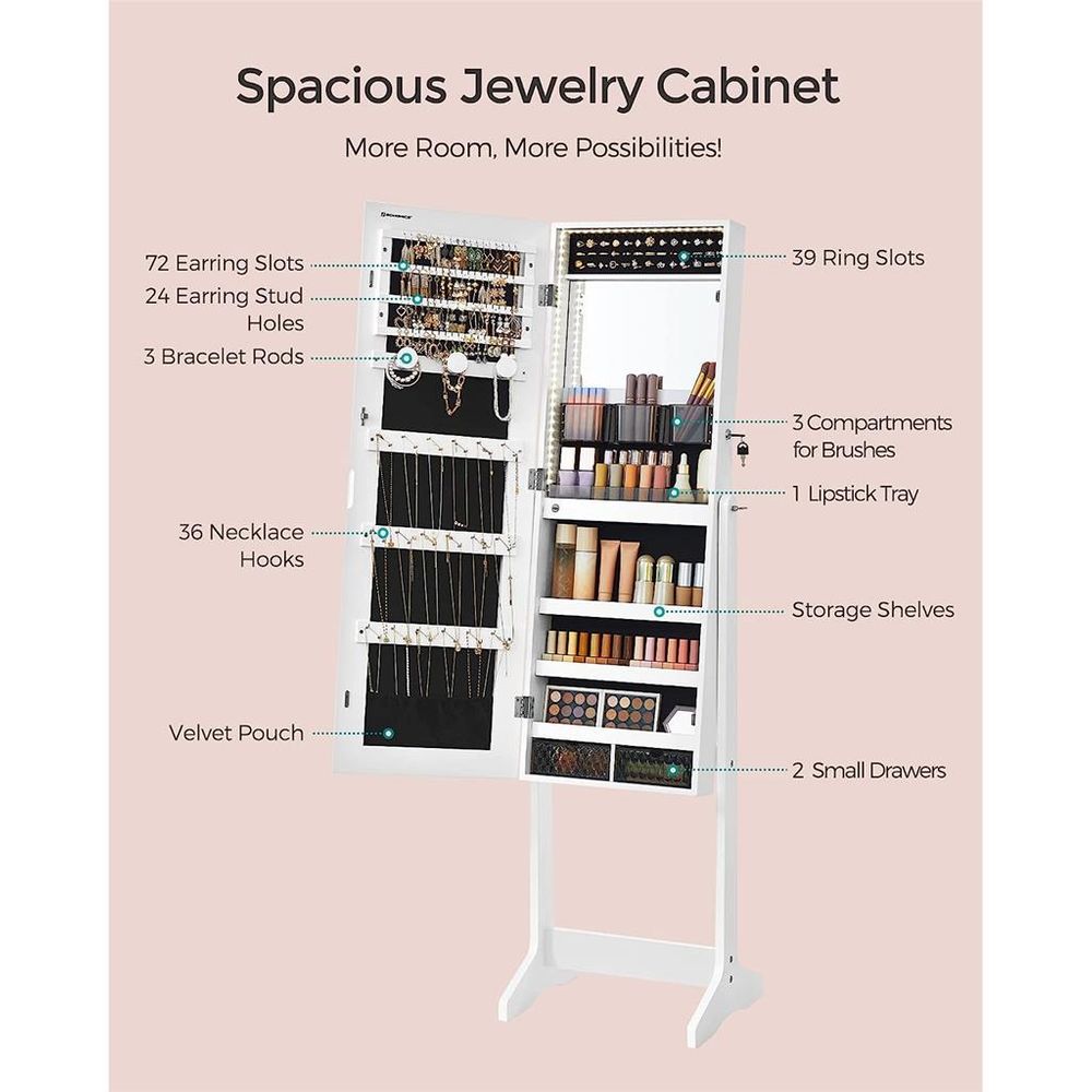 SONGMICS Mirror Jewelry Cabinet with LED Lights 