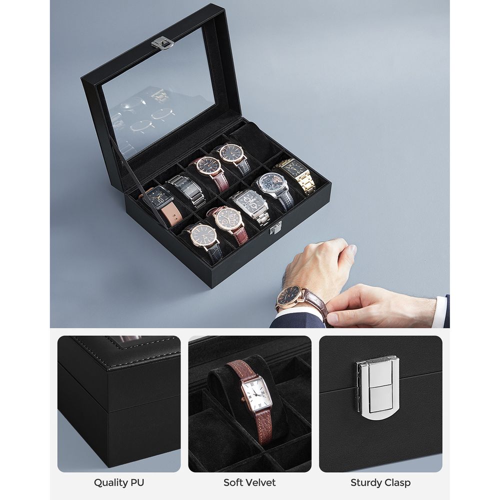 SONGMICS 10-Slot Watch Case with Large Glass Lid 