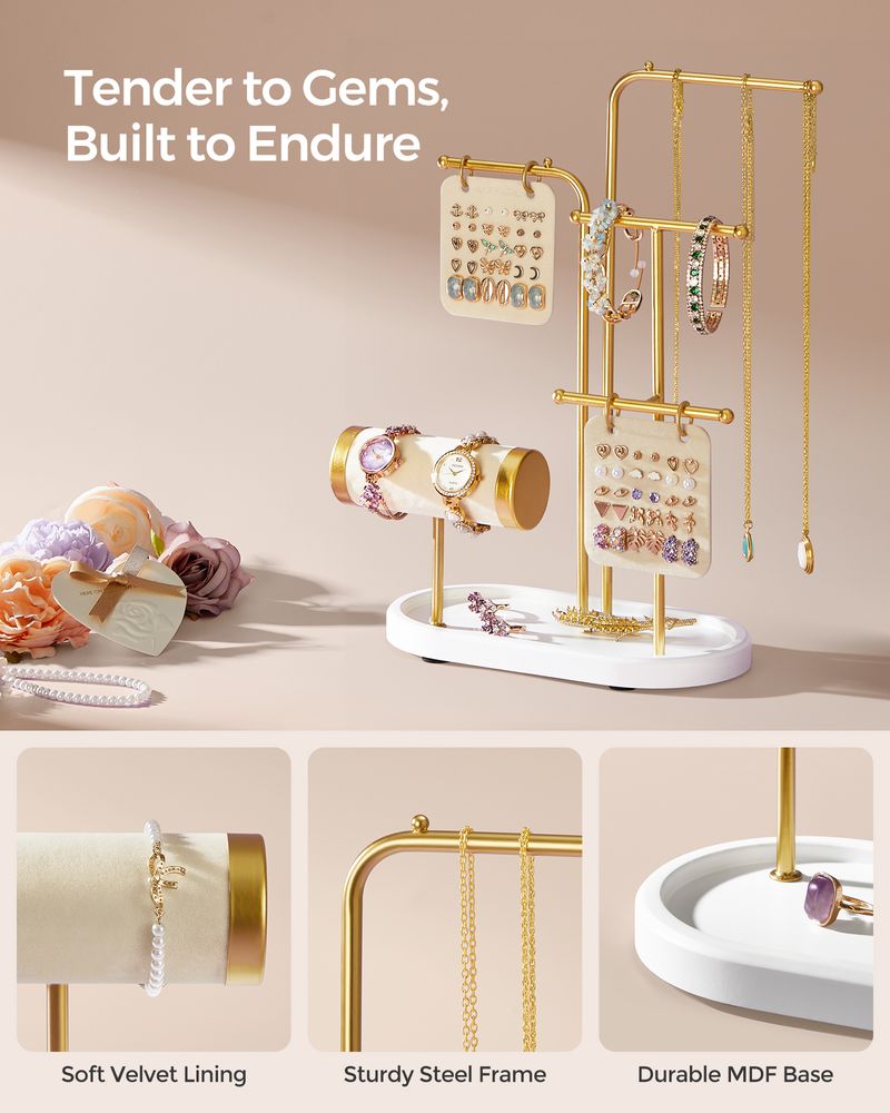 SONGMICS Jewelry Stand with Metal Frame, 2 Earring Boards, 4 Hanging Rods 