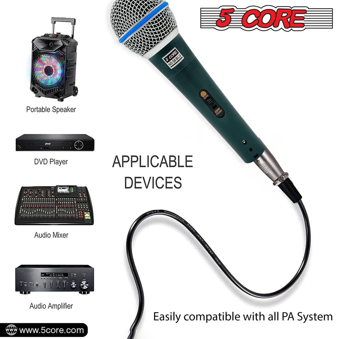 5 Core XLR Dynamic Microphone - Handheld Mic for Karaoke, Singing, and Studio Use (Microfono)