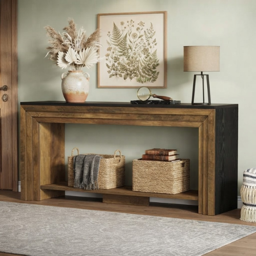 70.9" Farmhouse Console Table, Rustic Entryway Sofa Table with Bottom Storage Shelf, Brown & Black