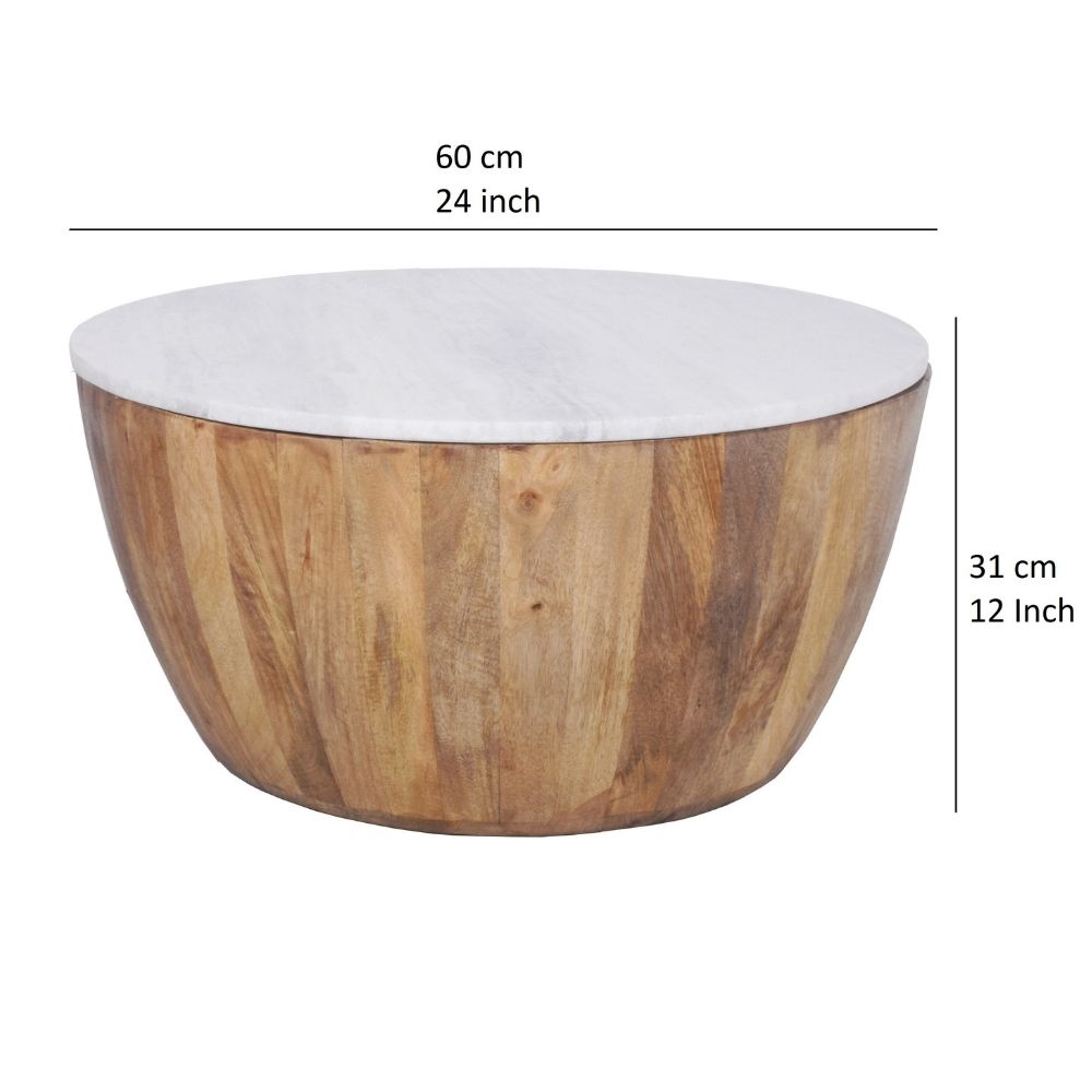 Cecile Mango Wood Drum Coffee Table With Marble Top 