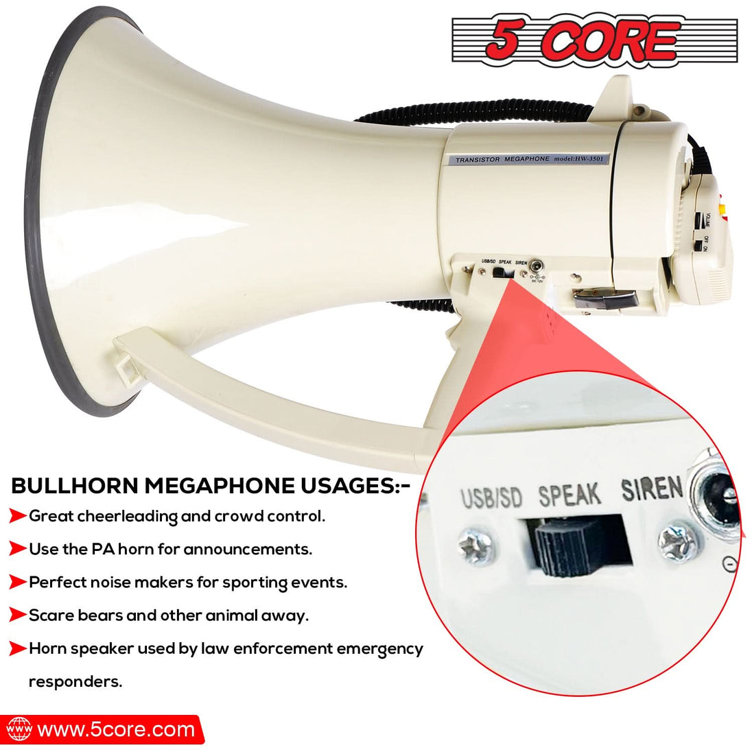 5Core Megaphone Bullhorn Speaker 100W Professional Bull Horn Battery Power Megafono 2000Yard Range