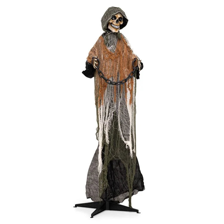 5.7 ft Life-Size Grim Reaper Halloween Decoration with Moving Head, Swinging Hands & Sound