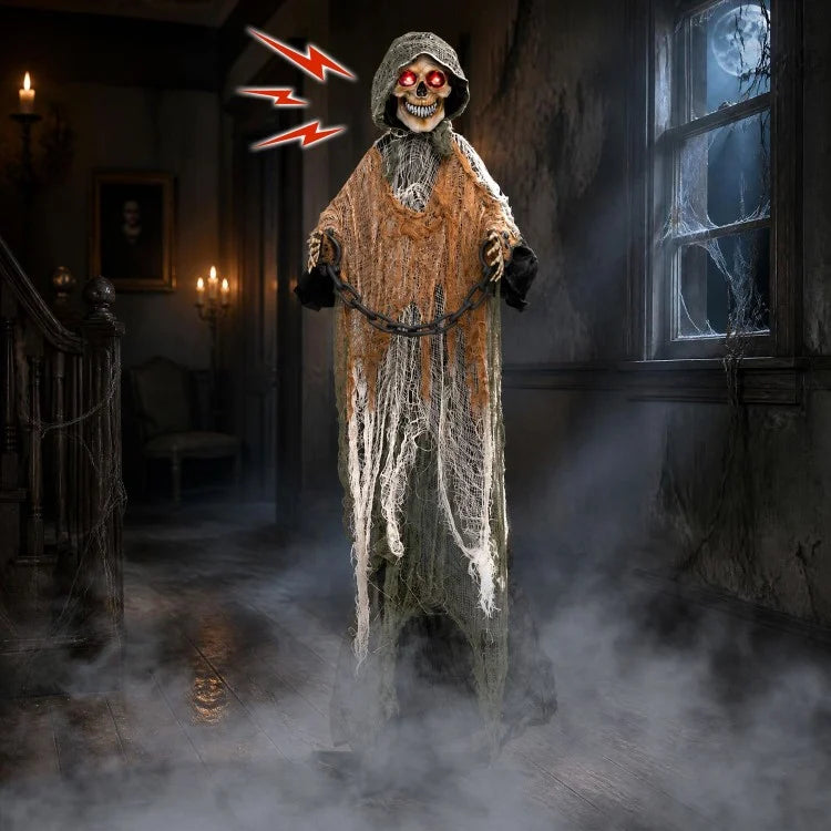 5.7 ft Life-Size Grim Reaper Halloween Decoration with Moving Head, Swinging Hands & Sound