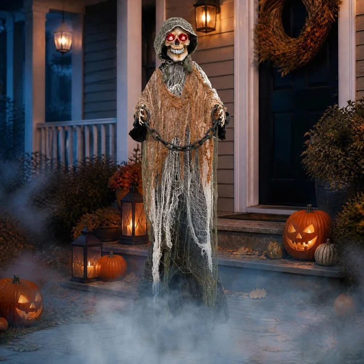 5.7 ft Life-Size Grim Reaper Halloween Decoration with Moving Head, Swinging Hands & Sound