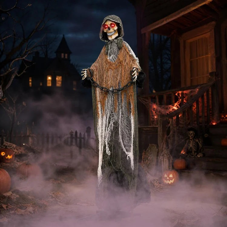 5.7 ft Life-Size Grim Reaper Halloween Decoration with Moving Head, Swinging Hands & Sound
