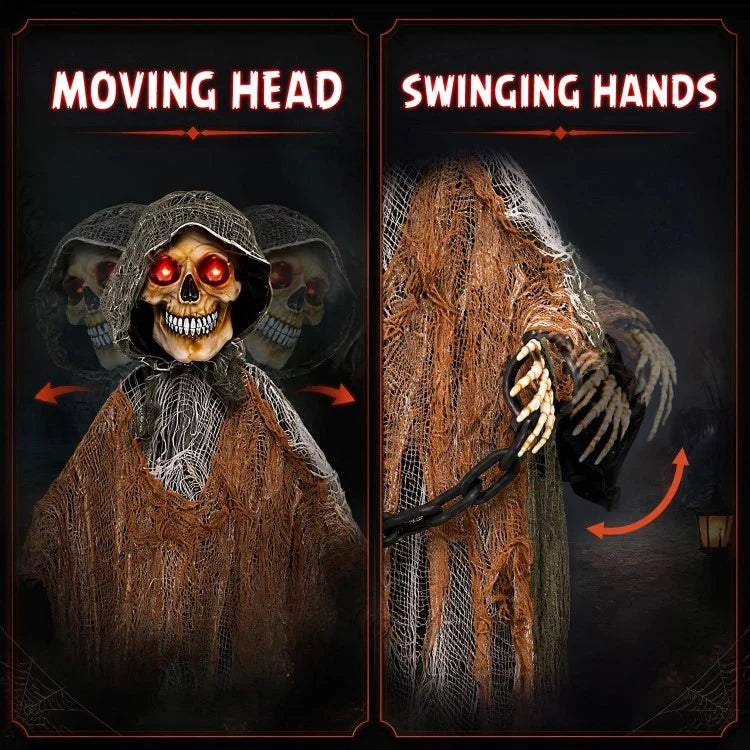 5.7 ft Life-Size Grim Reaper Halloween Decoration with Moving Head, Swinging Hands & Sound