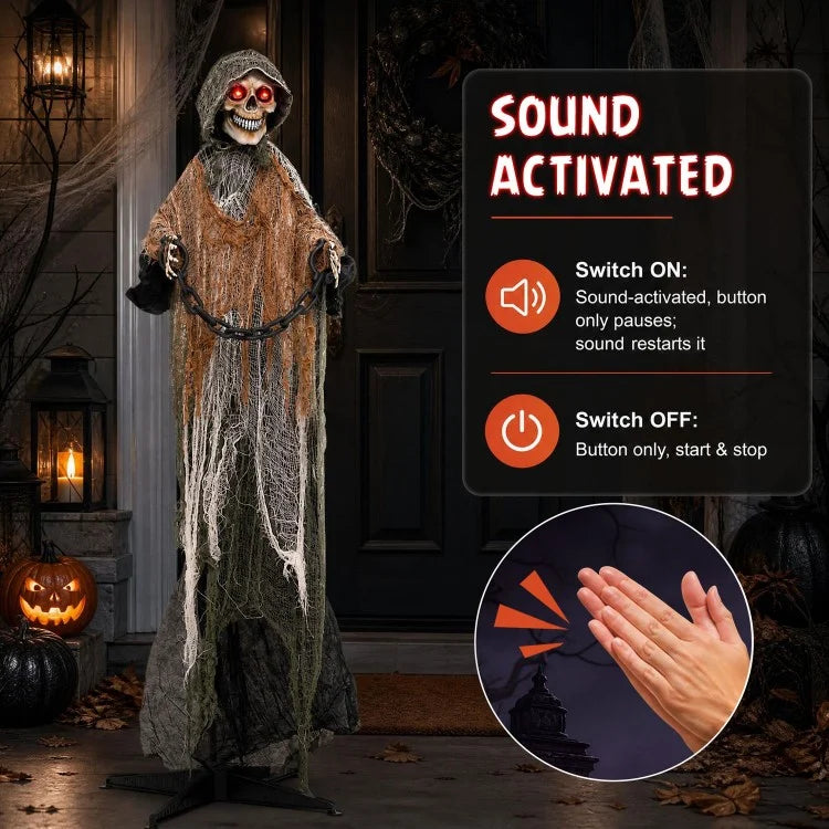 5.7 ft Life-Size Grim Reaper Halloween Decoration with Moving Head, Swinging Hands & Sound
