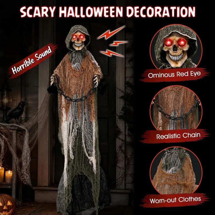 5.7 ft Life-Size Grim Reaper Halloween Decoration with Moving Head, Swinging Hands & Sound