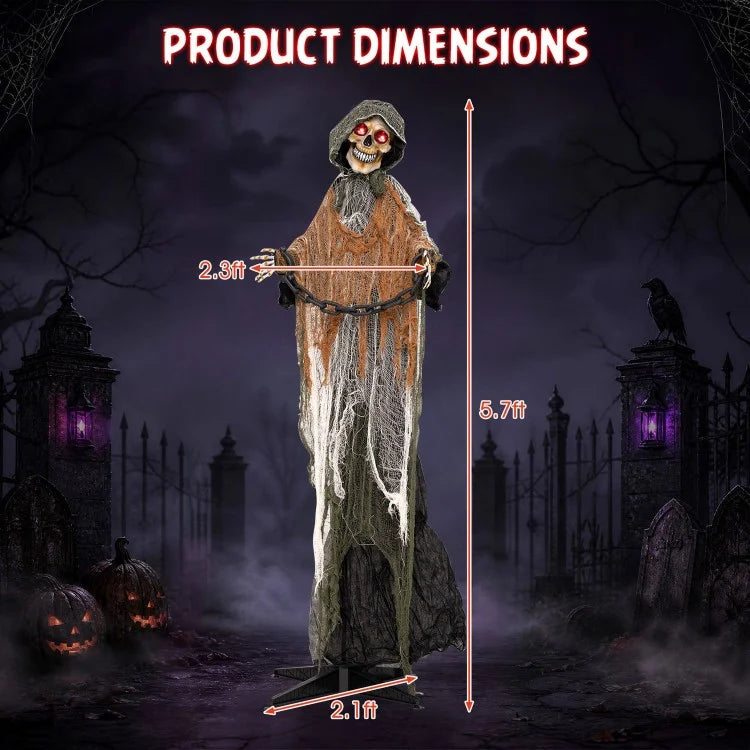 5.7 ft Life-Size Grim Reaper Halloween Decoration with Moving Head, Swinging Hands & Sound